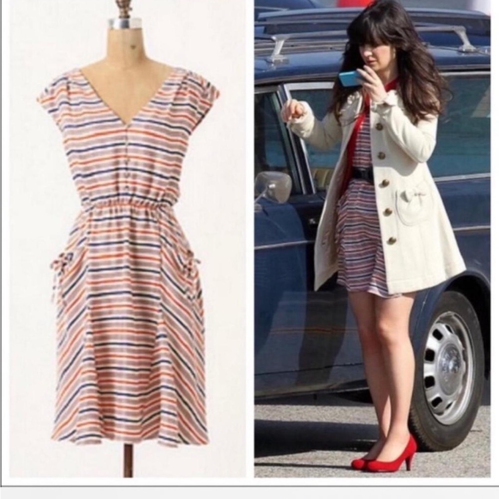 Postmark for Anthropologie Striped Silk V-Neck Dress ASO Zooey Deschanel 4
